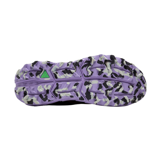Purple camo trail running shoe outsole with deep lugs and Brooks branding