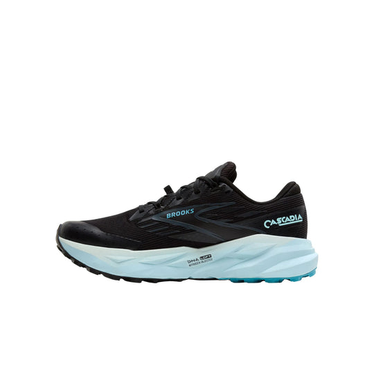 Black trail running shoe with a white foam midsole and blue outsole accents, shown in side profile