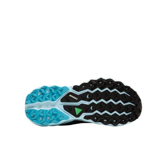Trail shoe outsole with blue forefoot lugs, black heel lugs, and a Brooks logo