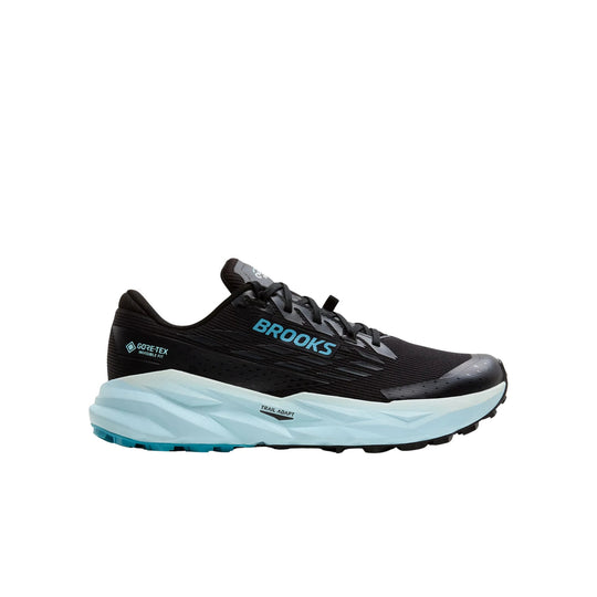 Black trail running shoe with light blue midsole and blue logo, shown in side view