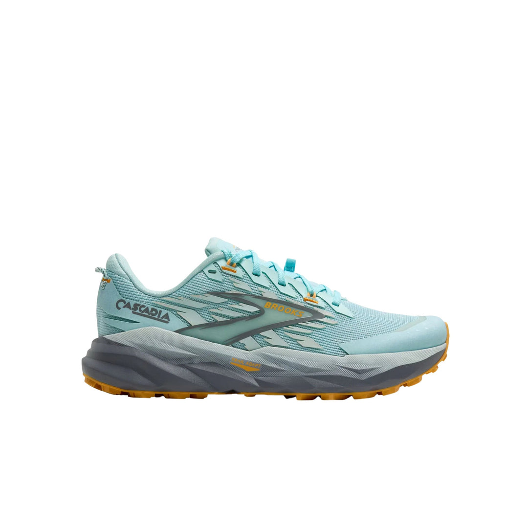 Light blue trail running shoe with gray midsole, turquoise laces, and orange outsole accents