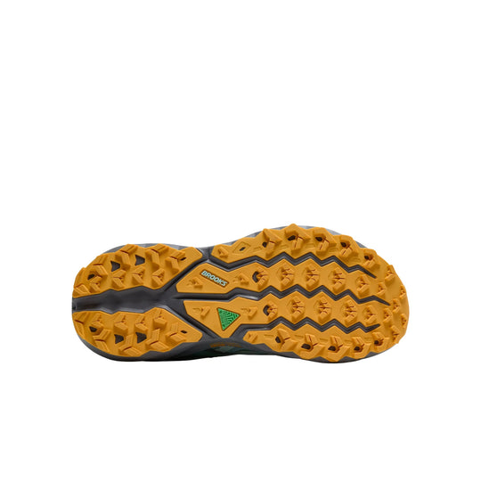 Trail running shoe outsole with orange lugs, gray midsole sections, and Brooks and GORE-TEX branding