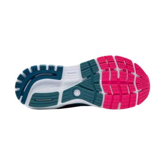 Running shoe outsole with blue, teal, and pink segmented traction pods