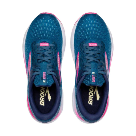 Blue running shoes with pink accents, shown top-down and side by side
