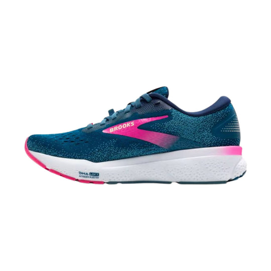 Blue running shoe with pink logo and white cushioned sole