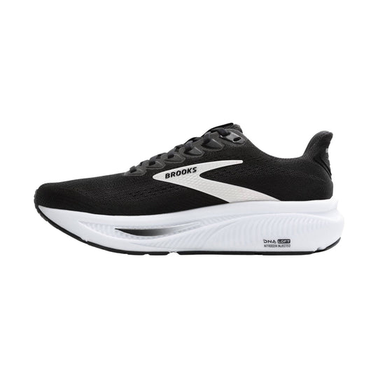 Black running shoe with white cushioned sole and side logo