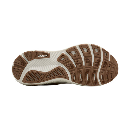 White and brown running shoe outsole with Brooks logo