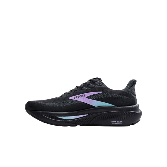 Black road running shoe with pastel purple and blue side accents