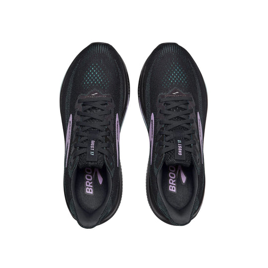 Black running shoes with teal accents and purple branding, shown top-down