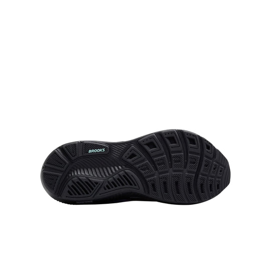 Black running shoe outsole with visible tread pattern and BROOKS branding