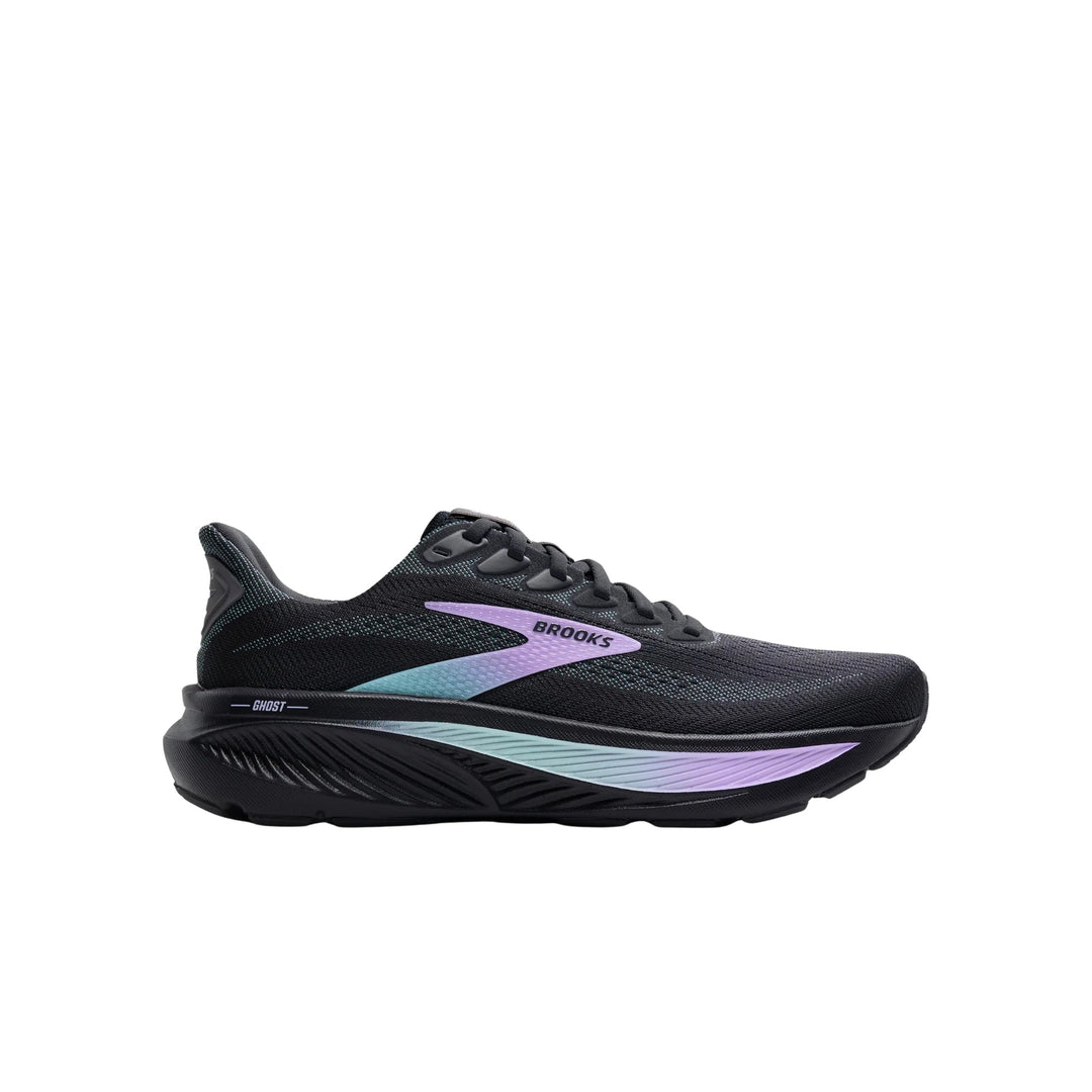 Black running shoe with purple and blue gradient side stripe and visible Ghost marking
