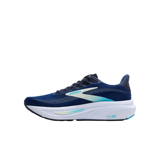 Blue running shoe with white cushioned sole and turquoise accents, side view