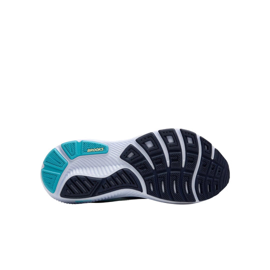 Shoe outsole with navy tread, white midsole, and turquoise forefoot and heel sections