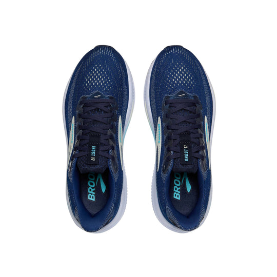 Pair of navy running shoes with teal logos, laces, and white midsoles, seen from above