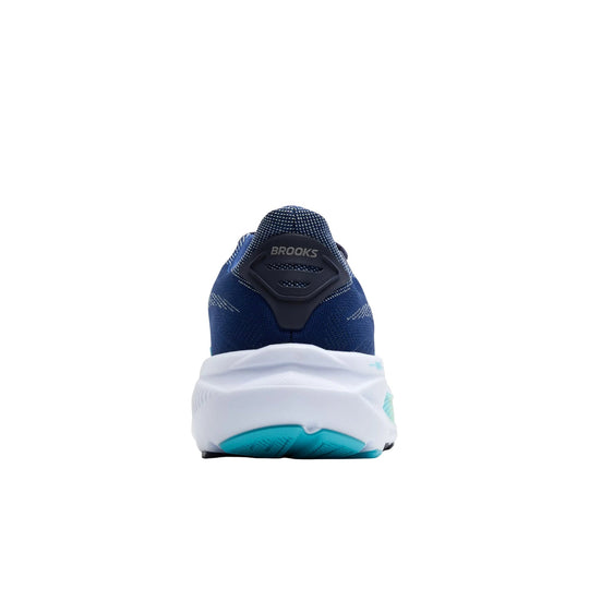 Blue running shoe viewed from the back with a white midsole and turquoise outsole