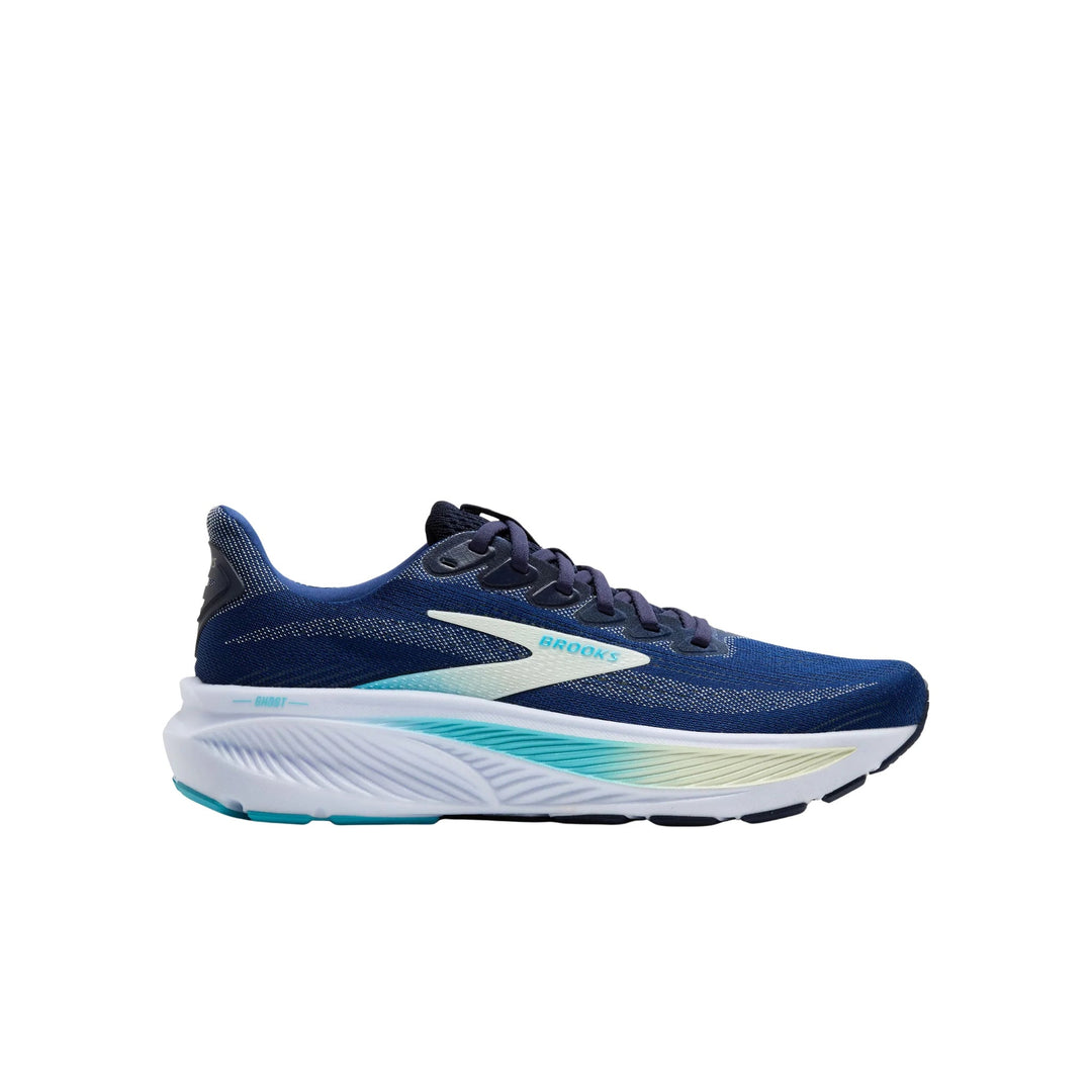 Blue running shoe with white cushioned sole and turquoise accents, side view