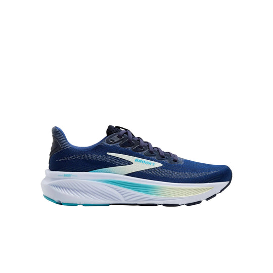 Blue running shoe with white cushioned sole and turquoise accents, side view