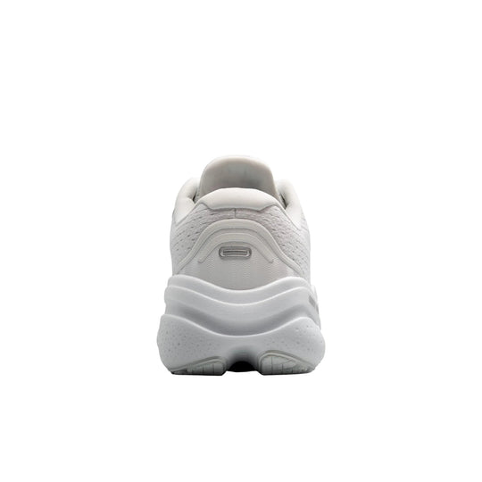 White athletic running shoe shown from the heel, with a chunky cushioned sole