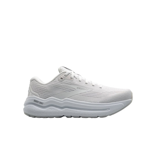 White running shoe with thick cushioned sole and side text reading BROOKS