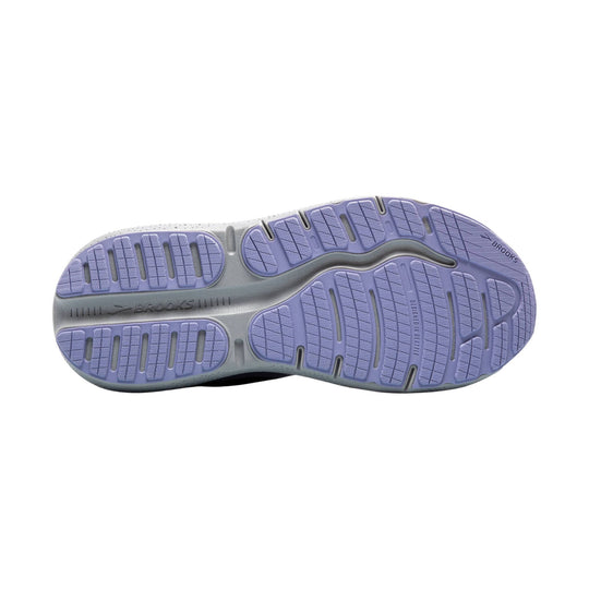 Lilac and gray running shoe outsole with Brooks branding and textured tread