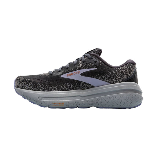 Black and gray running shoe with lavender accents and visible Brooks logo