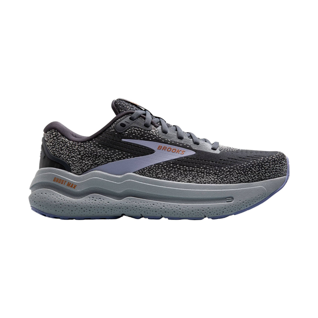 Black and gray running shoe with a lavender side logo and thick cushioned sole