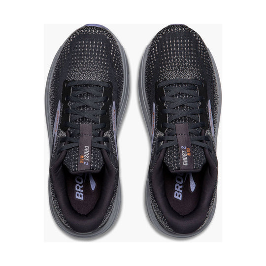 Black and gray running shoes shown from above with laced uppers and visible "GHOST 2 MAX" text on the tongue.