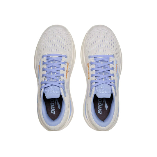 Pair of white running shoes with light blue laces, collars, and accents