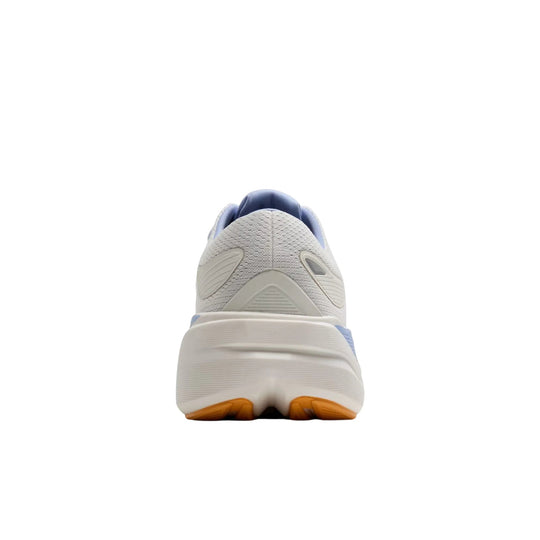Rear view of a white and light blue running shoe with thick cushioned sole and orange outsole accents