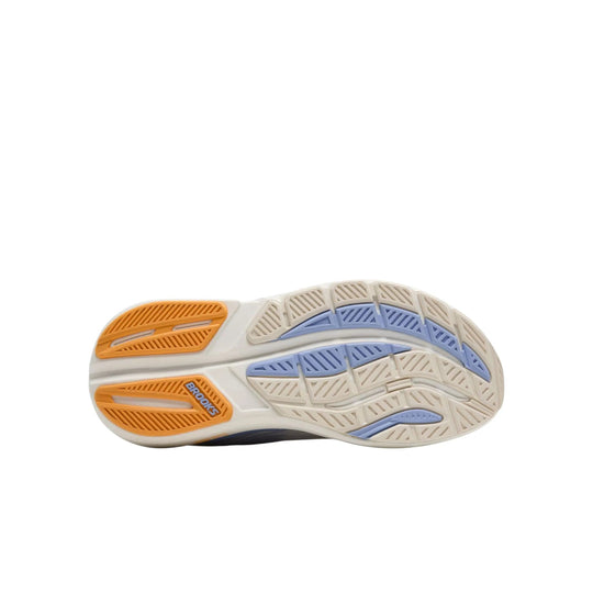 Running shoe outsole with orange and blue traction pods and Brooks logo