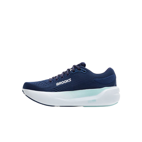 Navy running shoe with white cushioned sole and BROOKS logo