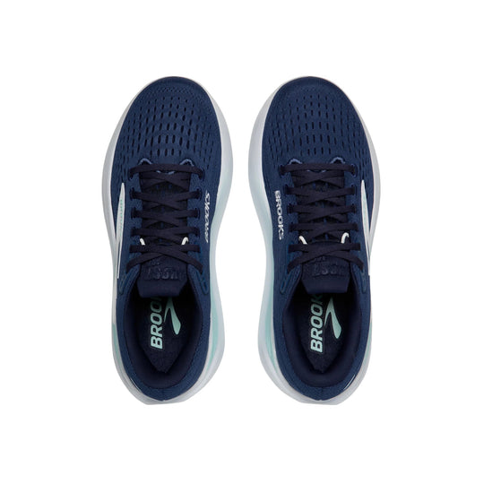 Pair of navy running shoes with mesh uppers, white midsoles, and visible BROOKS branding.