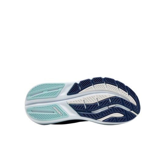 Running shoe outsole in navy, white, and mint with BROOKS branding