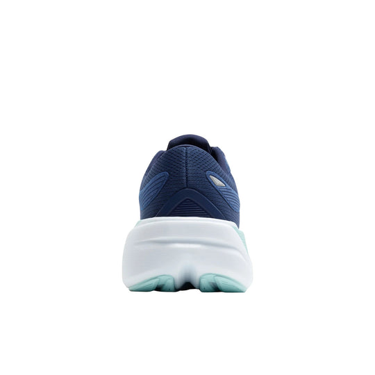 Rear view of a navy athletic running shoe with a thick white cushioned sole and light aqua outsole accents.