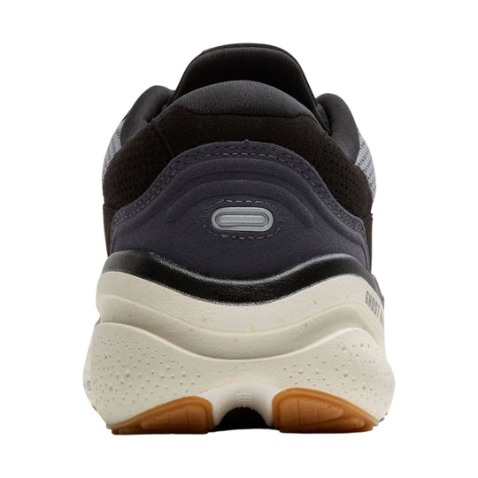 Black, gray, and cream walking shoe shown from the back with a thick cushioned sole and gum outsole.