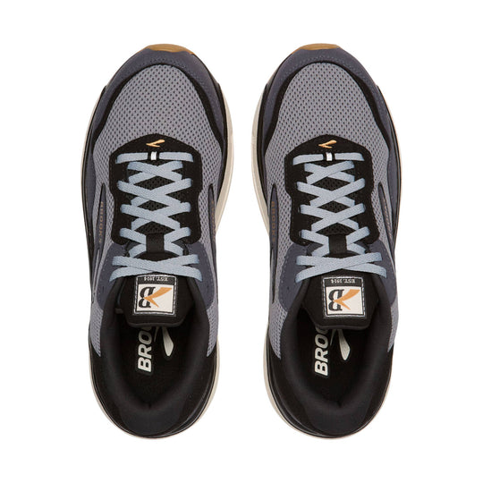 Gray and black athletic walking shoes with light blue laces, top view