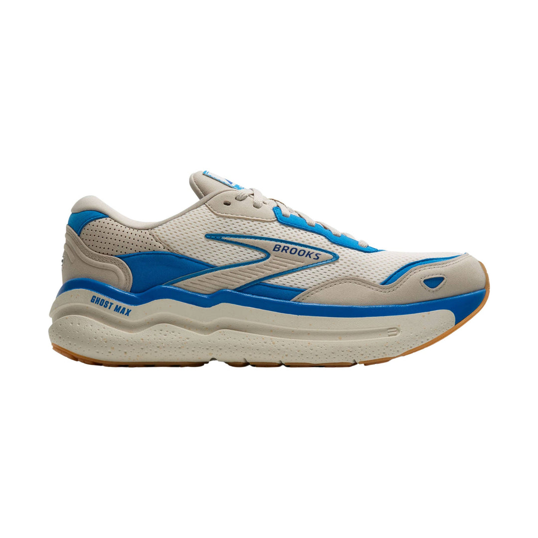 Beige and blue walking shoe with mesh upper and thick cushioned sole