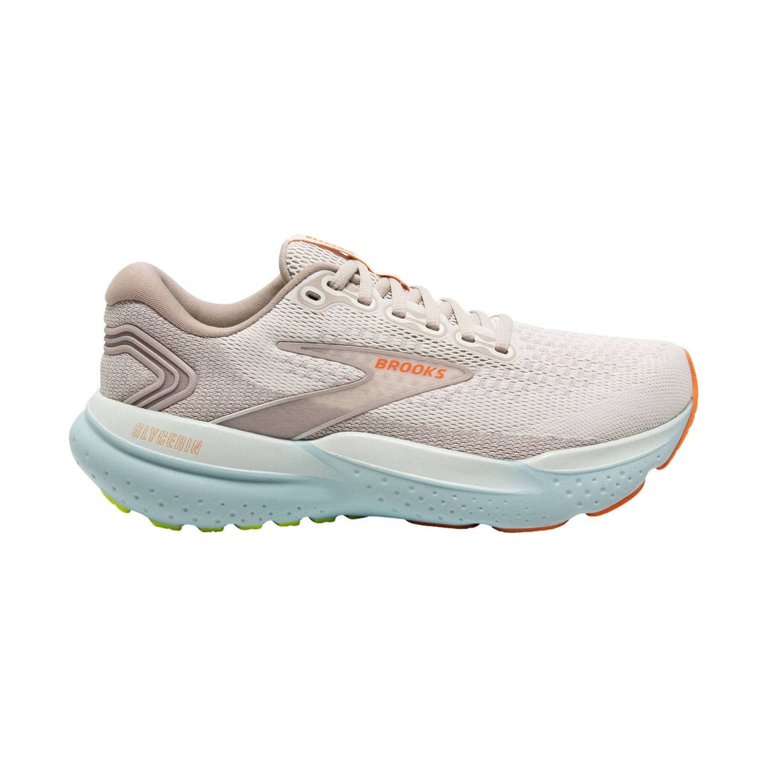 Light gray running shoe with white laces, pale blue midsole, and orange accents
