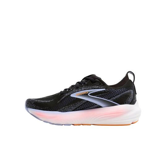 Black running shoe with a white cushioned sole, blue side logo, and orange accents