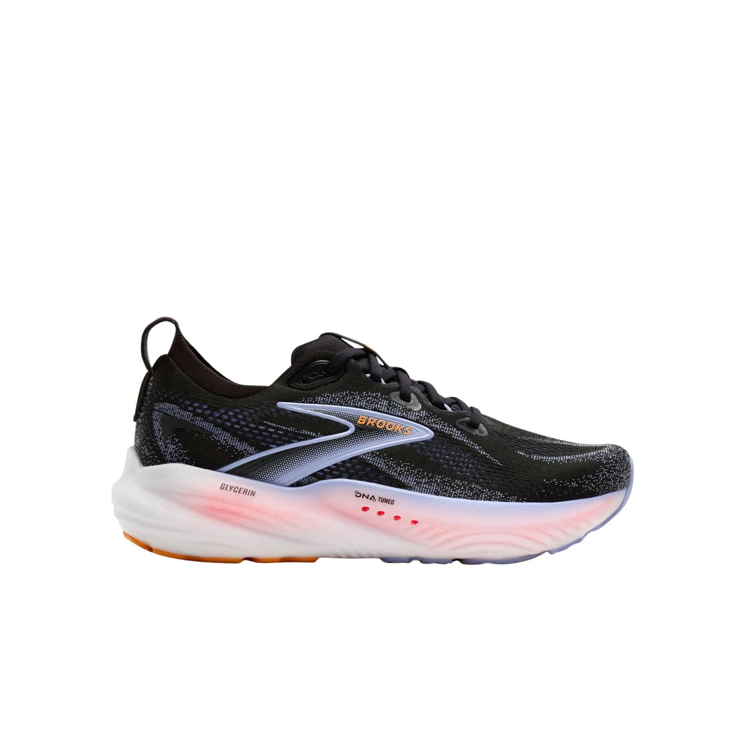 Black running shoe with white foam sole, side logo, and visible BROOKS and GLYCERIN text
