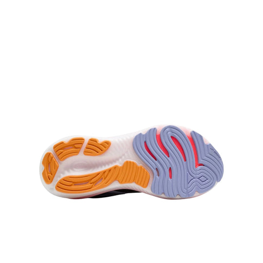 White running shoe outsole with orange and lavender rubber pods and visible Brooks branding