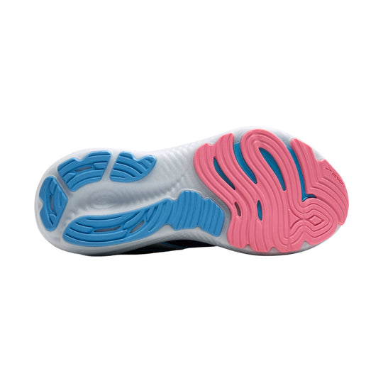 White running shoe outsole with blue and pink rubber traction pods