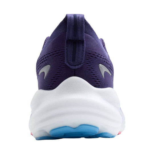 Purple and white knit running shoe viewed from the back with a thick cushioned sole