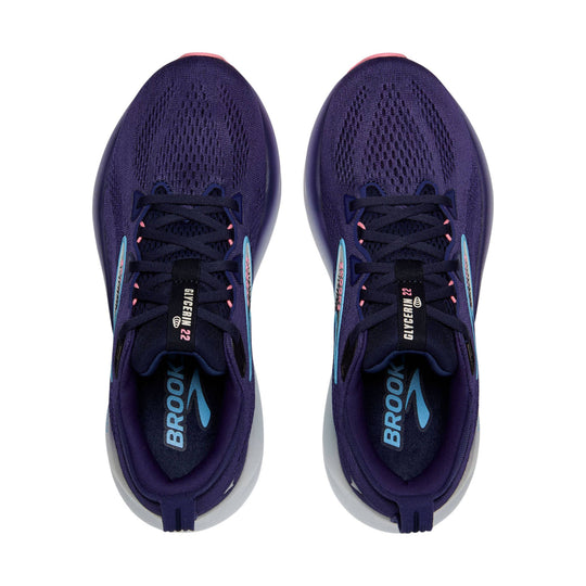 Pair of purple running shoes shown from above with black laces and Brooks and Glycerin 22 visible on the insoles and tongue