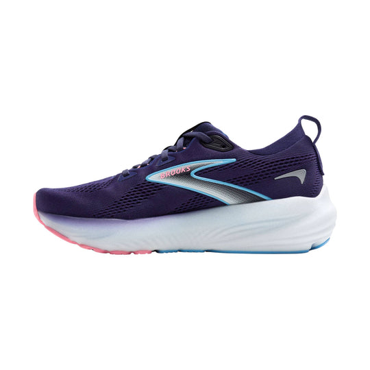 Purple road running shoe with a white cushioned sole, blue trim, and pink accents