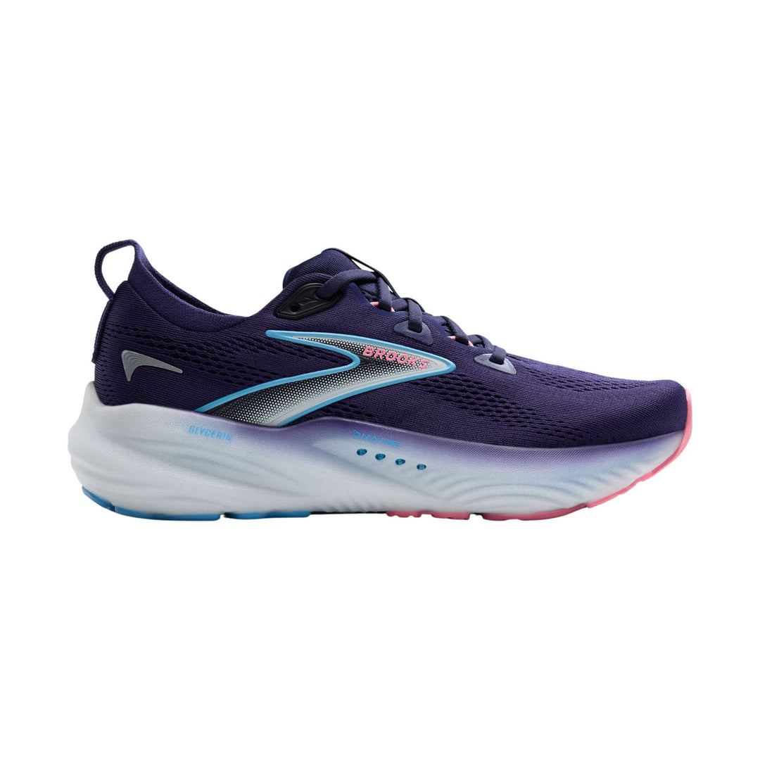 Purple running shoe with white cushioned sole, blue side trim, and pink toe accent