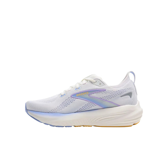 White low-top running shoe with a pastel blue and purple side stripe and thick white cushioned sole