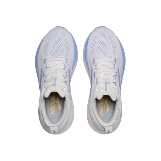 Pair of white running shoes with blue and lavender accents, shown top-down