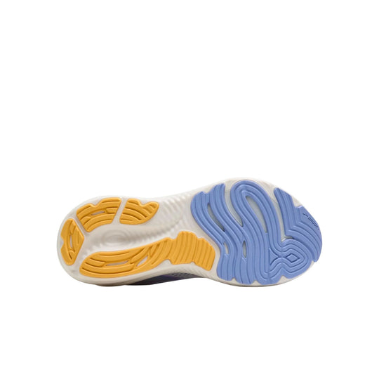 Running shoe outsole with white midsole, yellow traction pods, blue forefoot tread, and Brooks branding