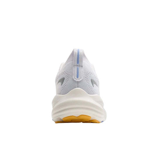 White athletic running shoe shown from the back with a thick foam sole and yellow outsole accents